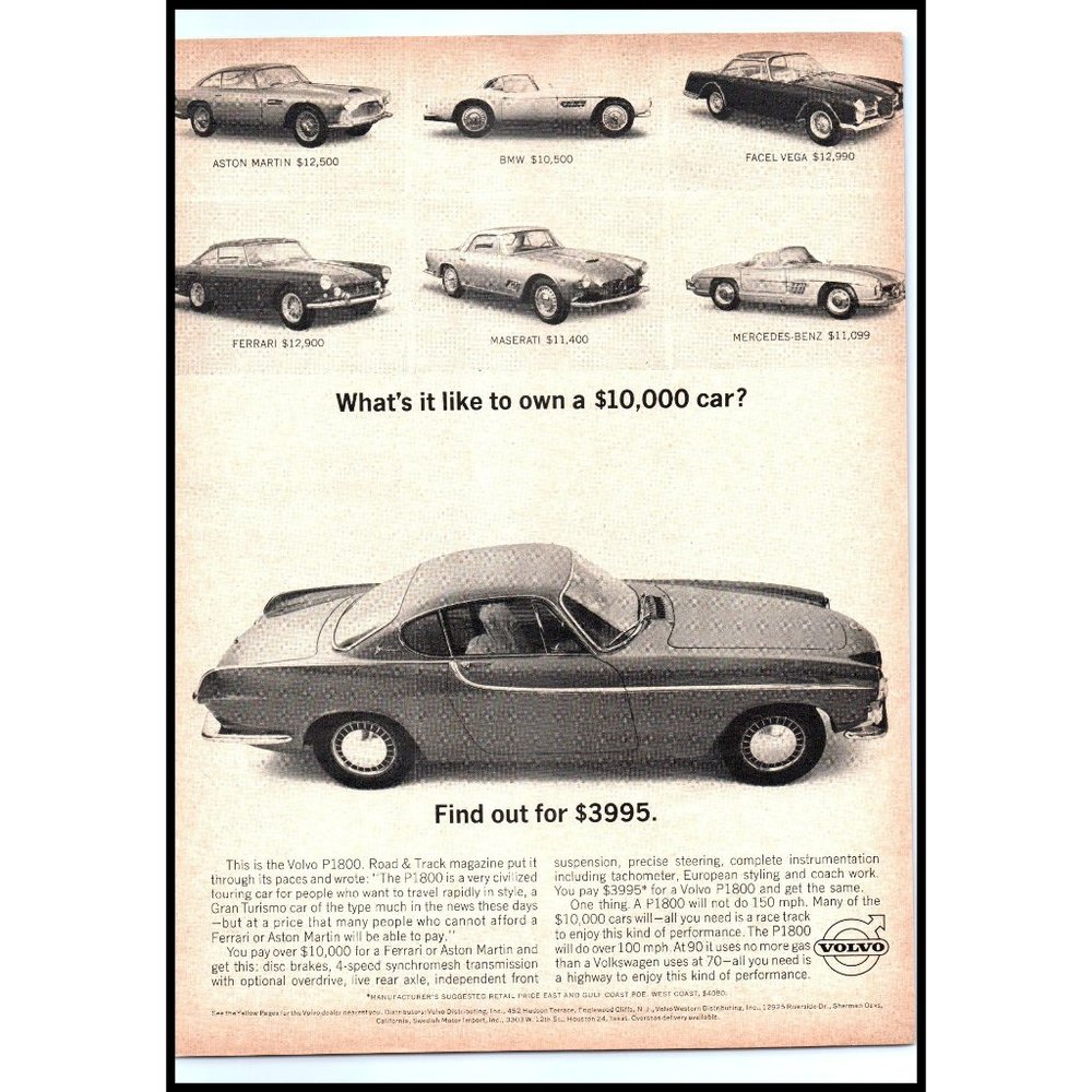 1963 Volvo P1800 2 Door Hardtop Coupe Classic Car Vintage Print Ad Wall Art
